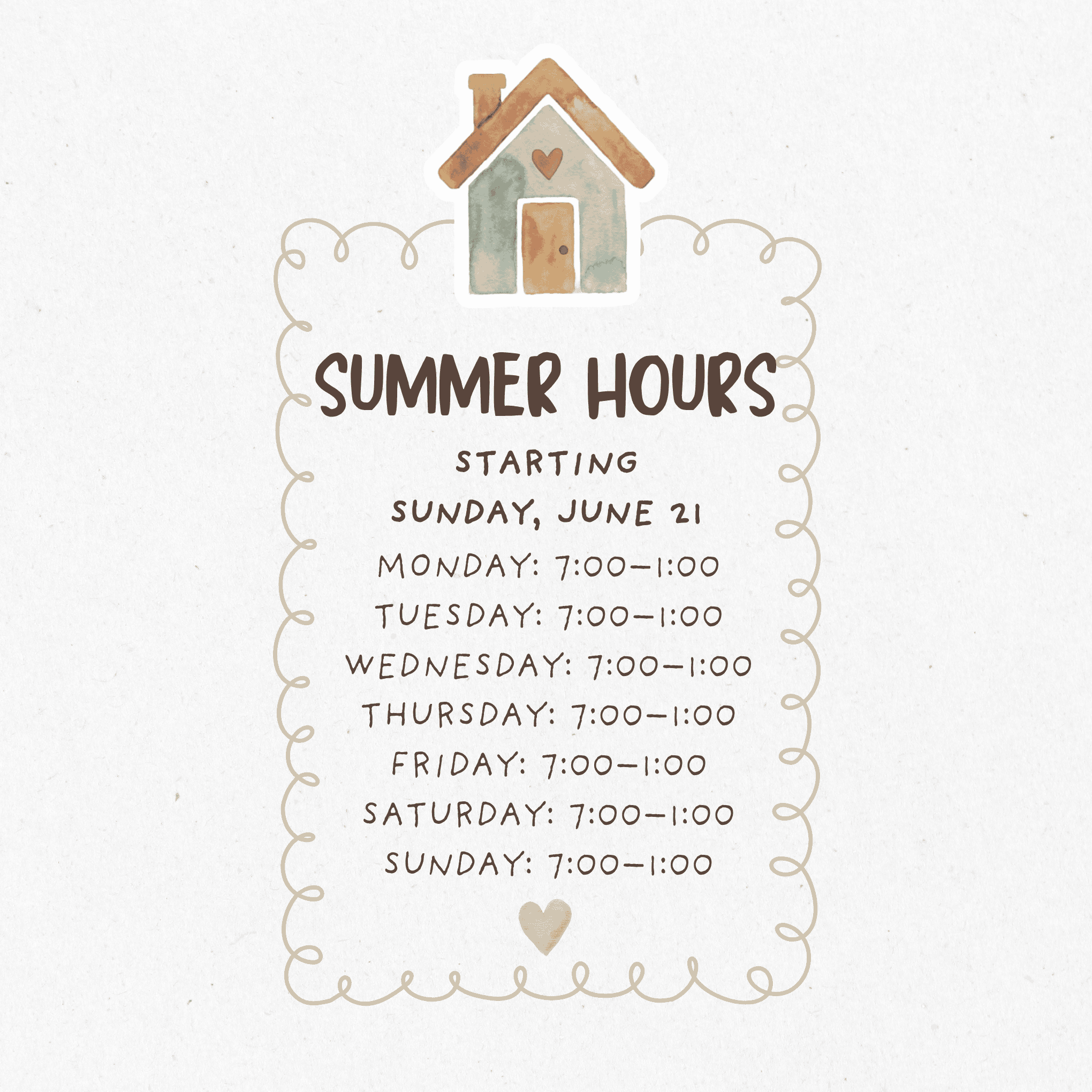 Sign displaying summer hours for The Gilbert House Restaurant, starting June 21, with daily hours from 7:00 AM to 1:00 PM.