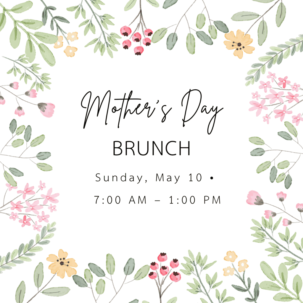 A beautifully designed Mother's Day brunch invitation featuring floral accents, perfect for promoting special brunch events at Gilbert House Restaurant.